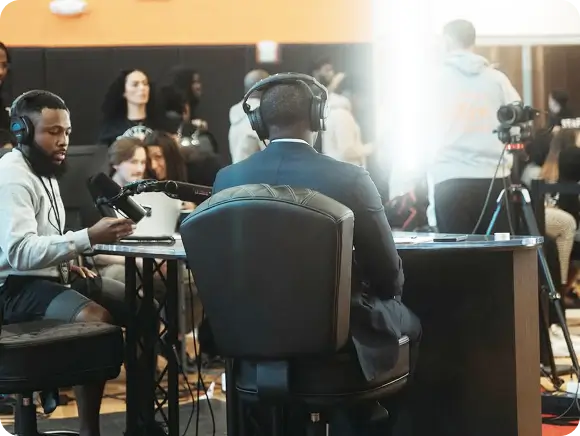 Two men shooting a podcast